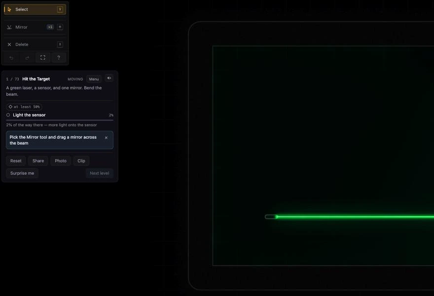 The game in play: a tool rail listing Select, Mirror and Delete; a panel headed Hit the Target with the brief a green laser, a sensor, and one mirror, bend the beam, and a goal reading Light the sensor at 2%; and a green laser crossing a dark room toward a sensor.